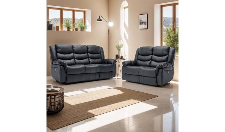 Furniture Online Seattle Manual Recliner Leather 2+3 Seater Sofa Set - Black