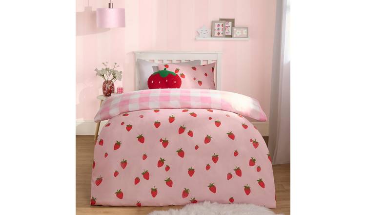 OHS Strawberry Duvet Cover Set Bed Check Gingham Bedding Pink - Single