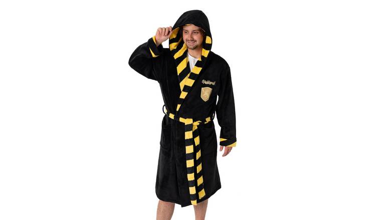 Harry Potter Hufflepuff Adult Unisex Black Hooded Bathrobe - XL