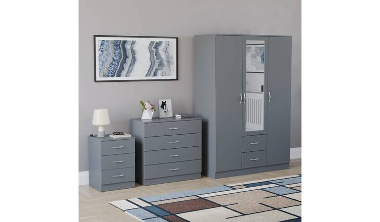 Vida Designs Riano Bedroom Set (Bedside, 4 Drawer Chest, Mirror Wardrobe) - Grey