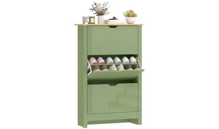 HOMCOM Space Saving Shoe Storage Cabinet with 3 Flip Drawers - High Gloss Green