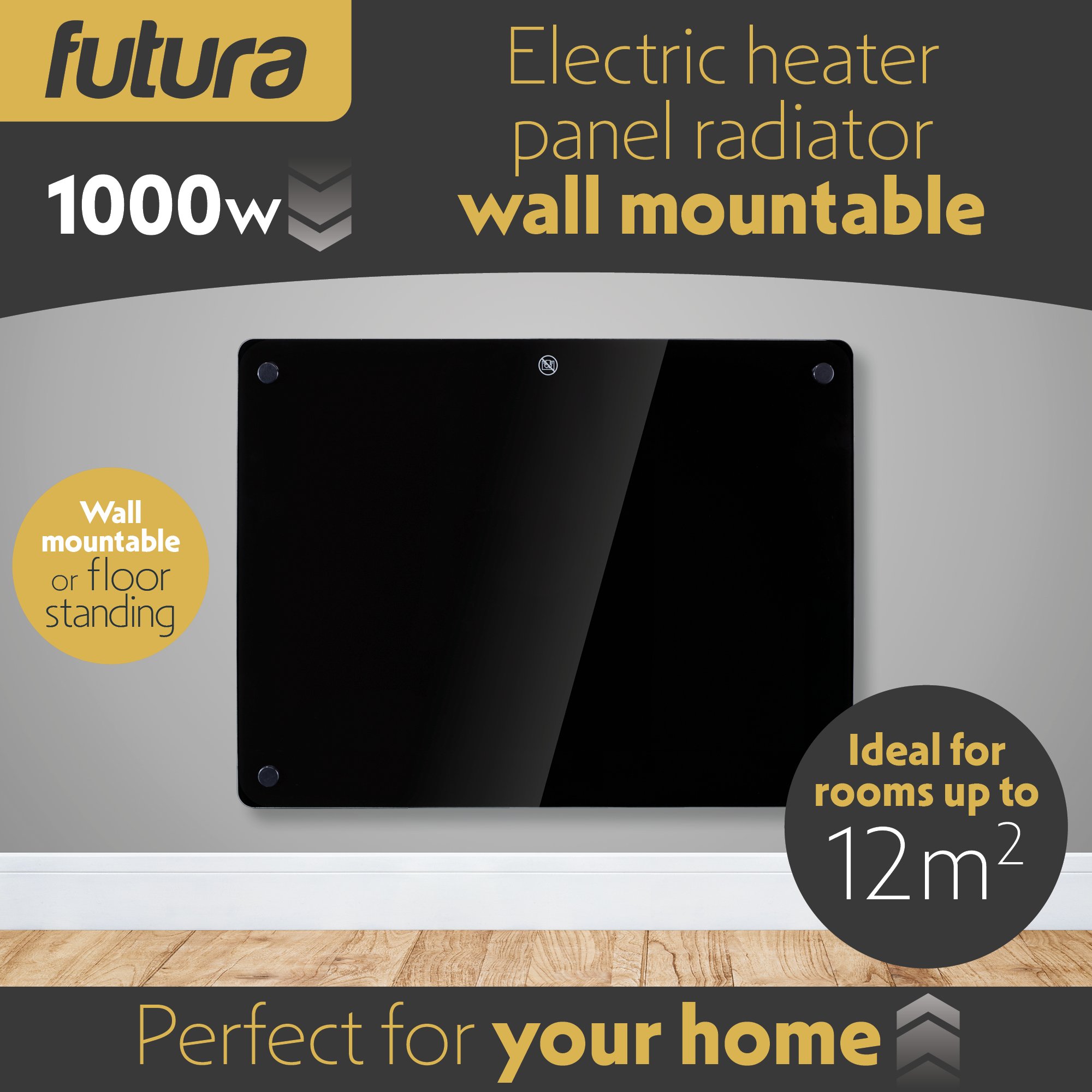 Futura 1000W Electric Panel Heater Timer & Thermostat - Black Glass - Image 2