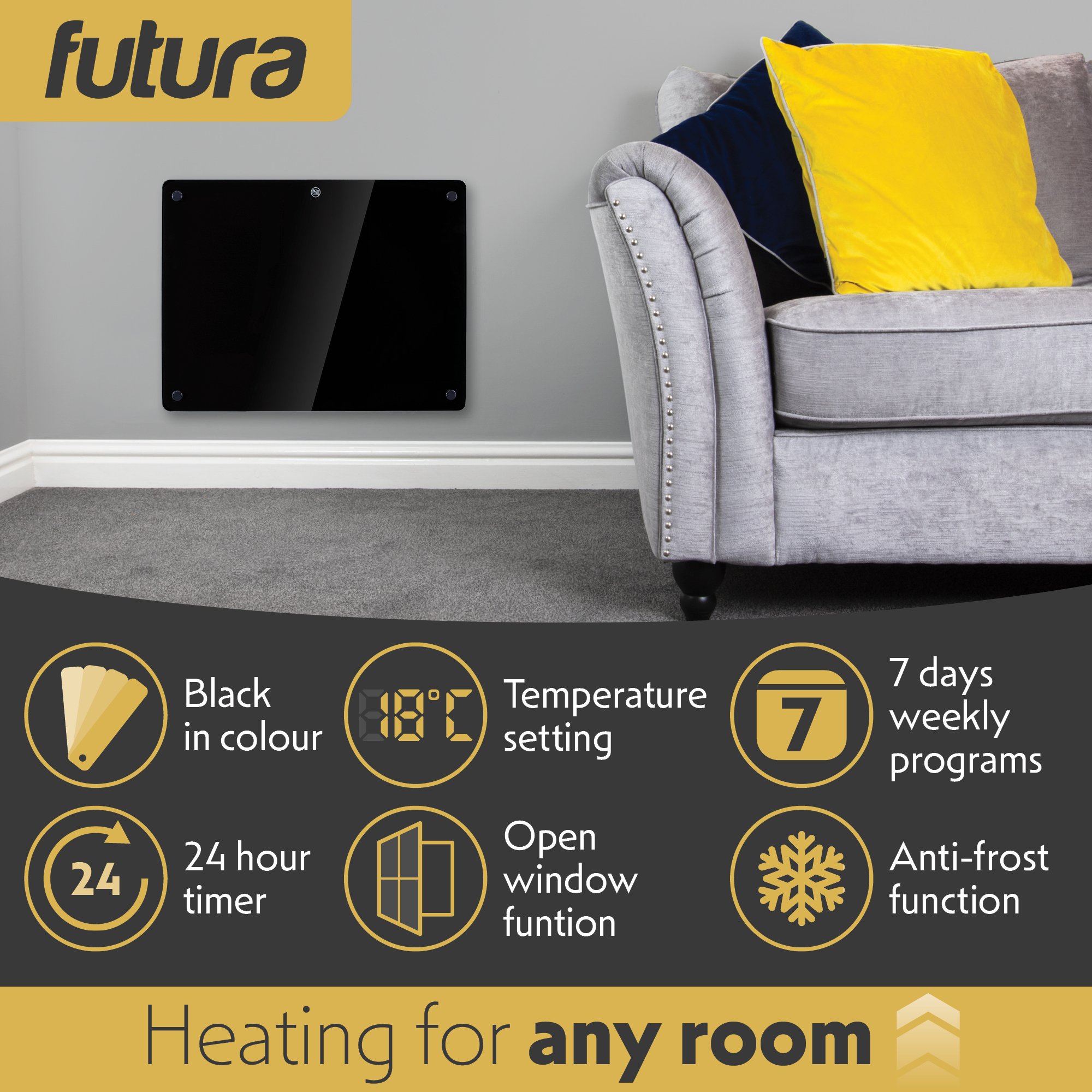 Futura 1000W Electric Panel Heater Timer & Thermostat - Black Glass - Image 3