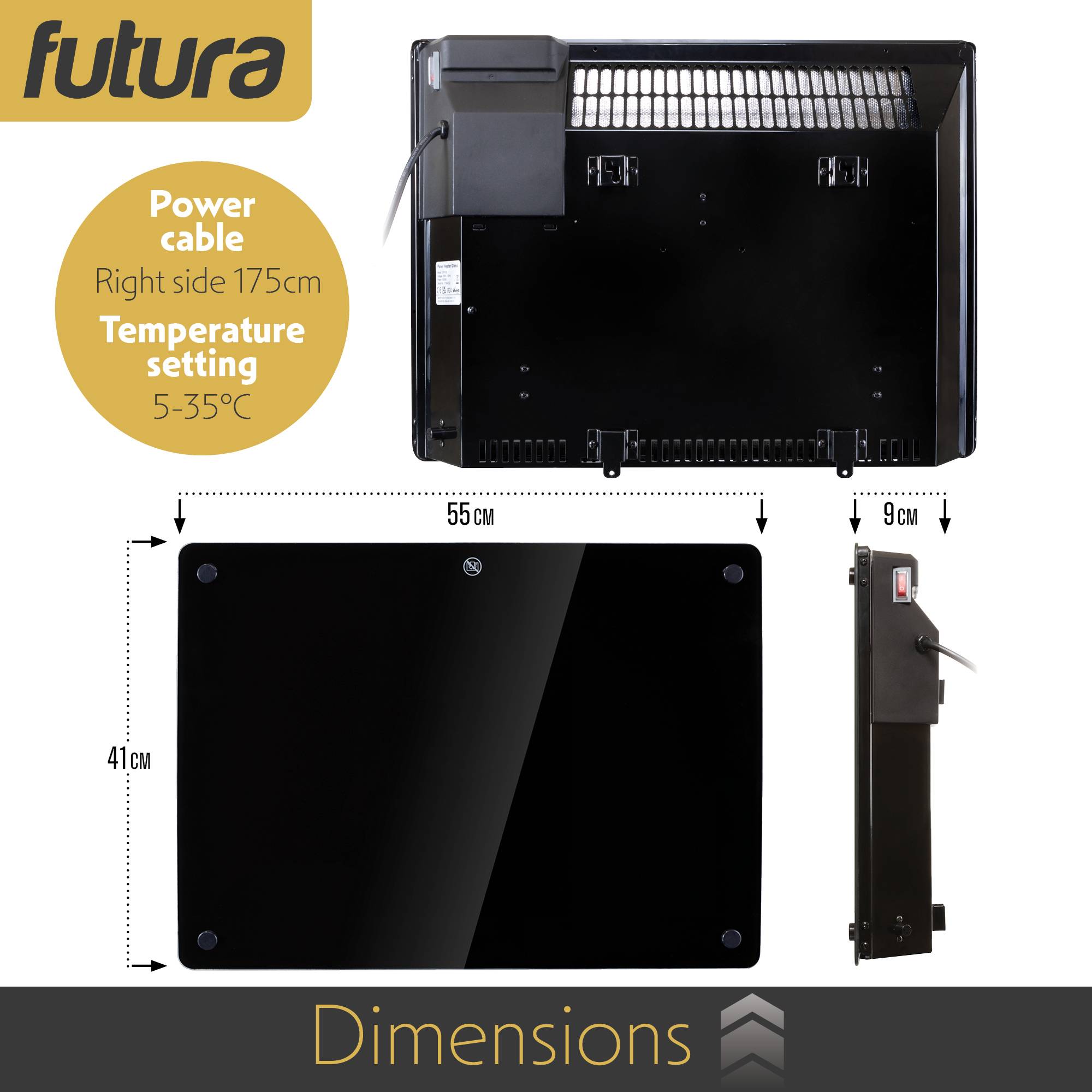 Futura 1000W Electric Panel Heater Timer & Thermostat - Black Glass - Image 5