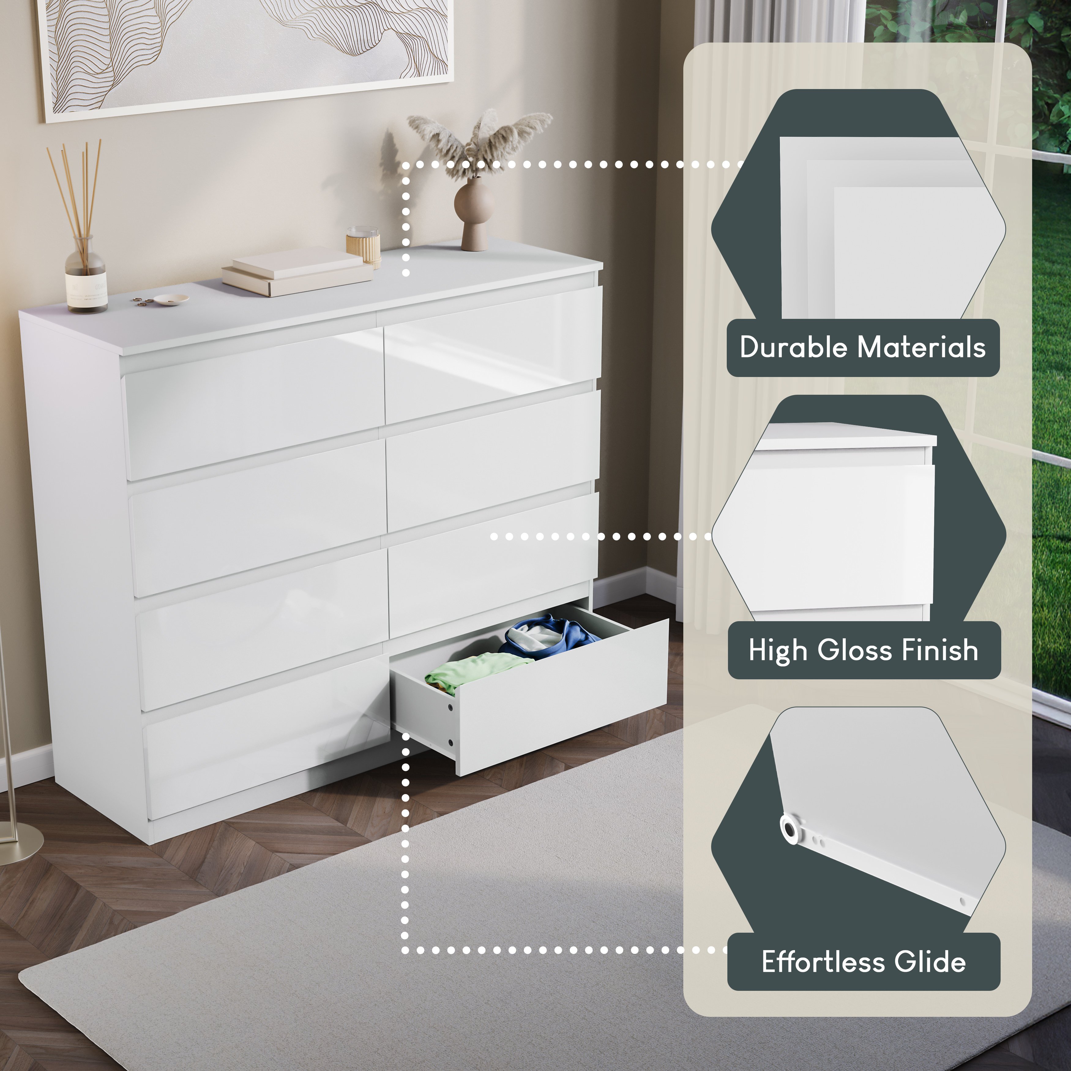 Vida Designs Glinton High Gloss 8 Drawer Chest - White - Image 3