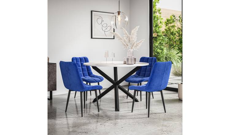 Furniture Online Malvern Nova Marble Top Dining Table & 4 Blue Chairs