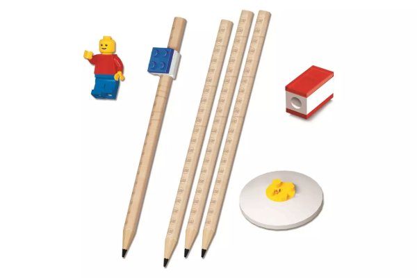 A set of pencils and Lego pieces.