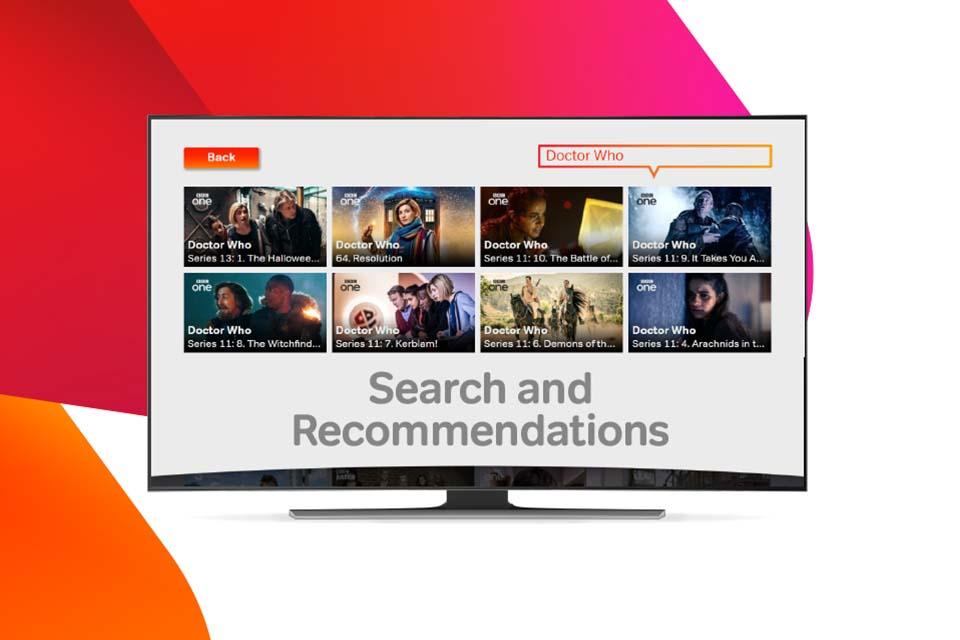 A television screen displaying series and movies via the Search and Recommendations feature.