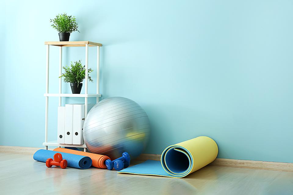 A set of dumbbells, yoga mats and gym ball displayed next to a display unit at home.