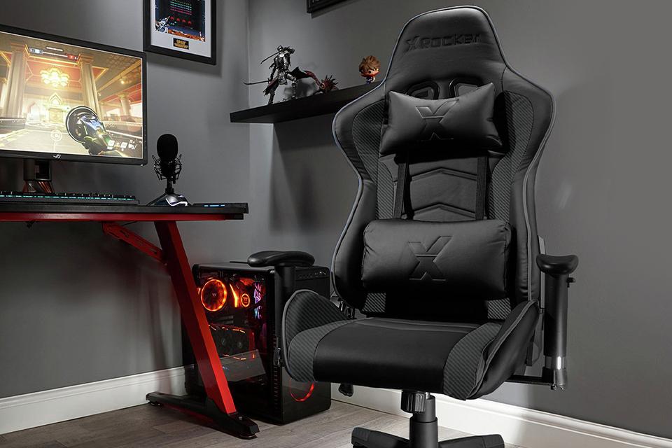 A black X Rocker Alpha eSports ergonomic office gaming chair.