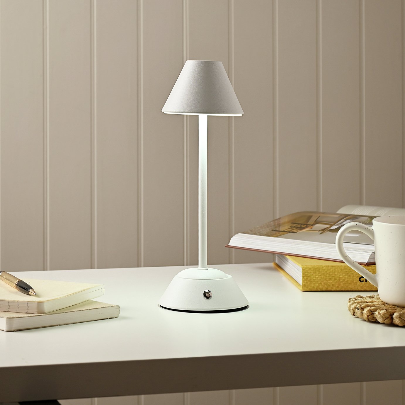 Hestia LED Conical Rechargeable Touch Table Lamp - White