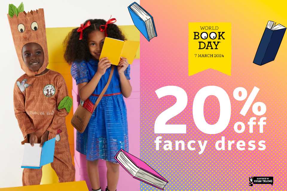 3 kids, wearing a Stick Man, Matilda and Hungry Caterpillar costumes respectively. Cartoon books are surrounding them, with a World Book Day 7 March 2024 logo in the middle and the words '20% off fancy dress" 