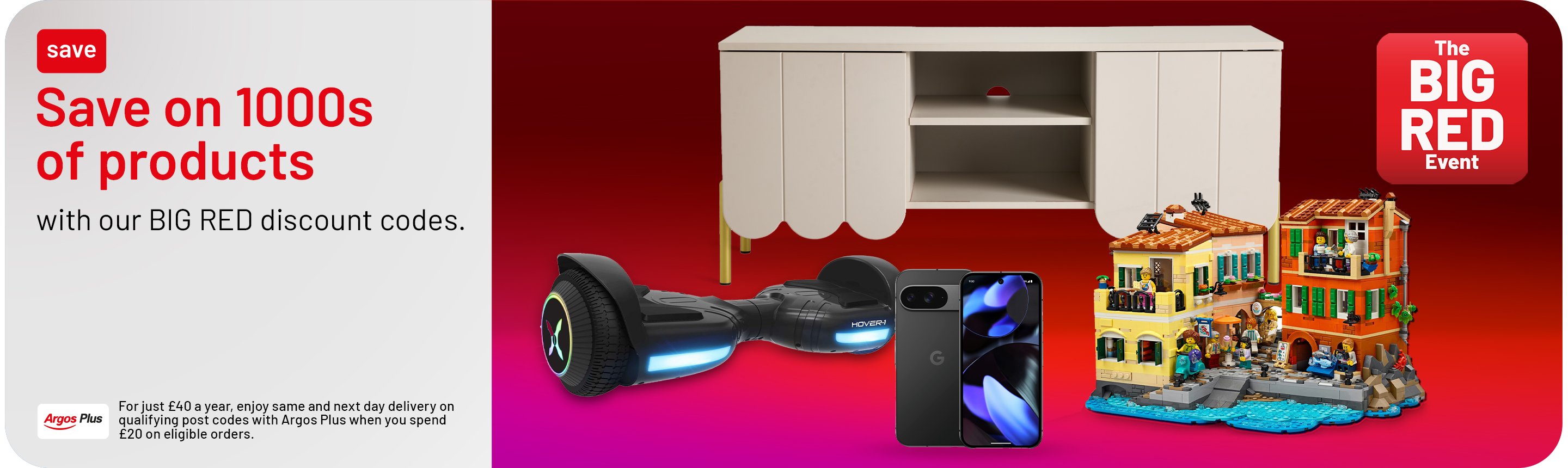 Save on 1000s of products with our big red discount codes. Argos plus. For just £40 a year, enjoy same and next day delivery on qualifying post codes with Argos Plus when you spend £20 on eligible orders.