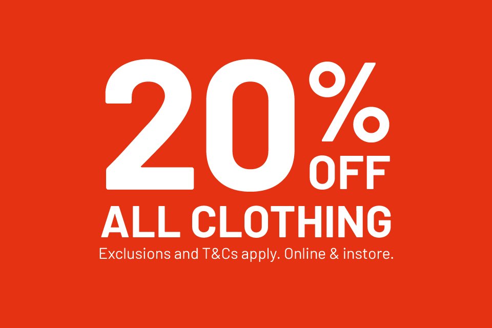 20% off all clothing exclusions and T&Cs apply. Online & instore.