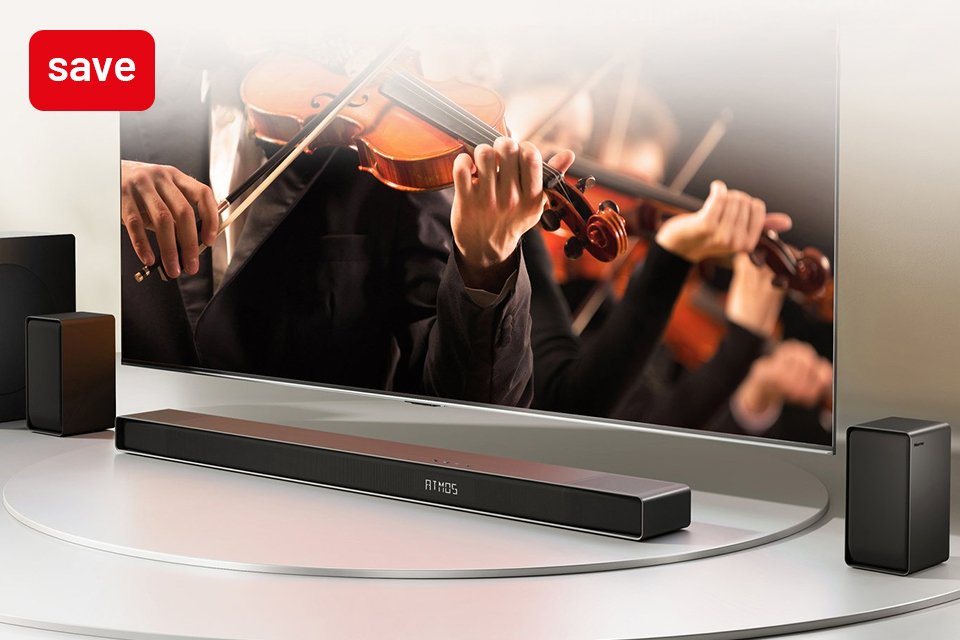 Save up to 50% on selected soundbars when bought with TVs. Explore our soundbar offers.