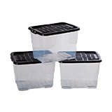 Plastic storage boxes and drawers.