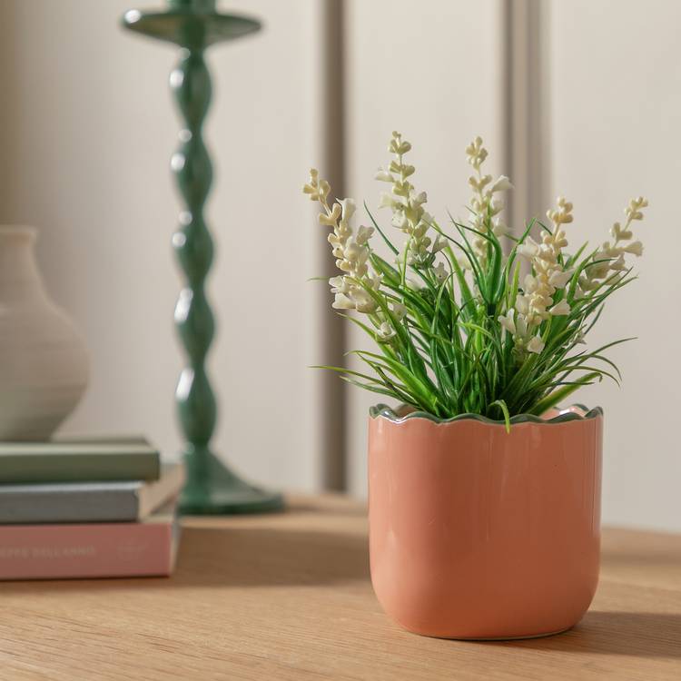 Habitat Artificial White Lavender in Wavy Pink Pot 0