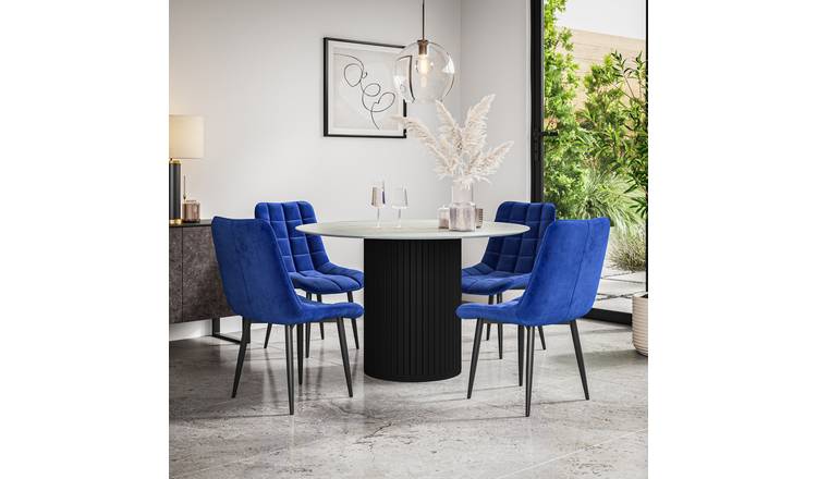 Furniture Online Arlo Nova Marble Top w Blk Legs Dining Table & 6 Blue Chairs