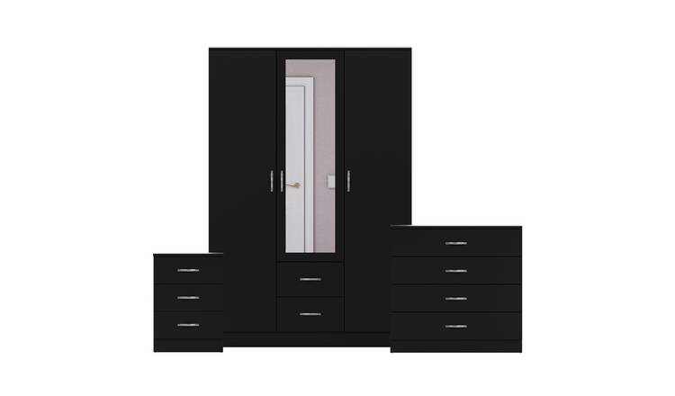Vida Designs Riano Bedroom Set (Bedside, 4 Drawer Chest, Mirror Wardrobe)- Black