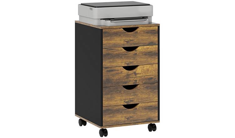 HOMCOM Filing Cabinet with Wheels and 5 Drawers - Rustic Brown