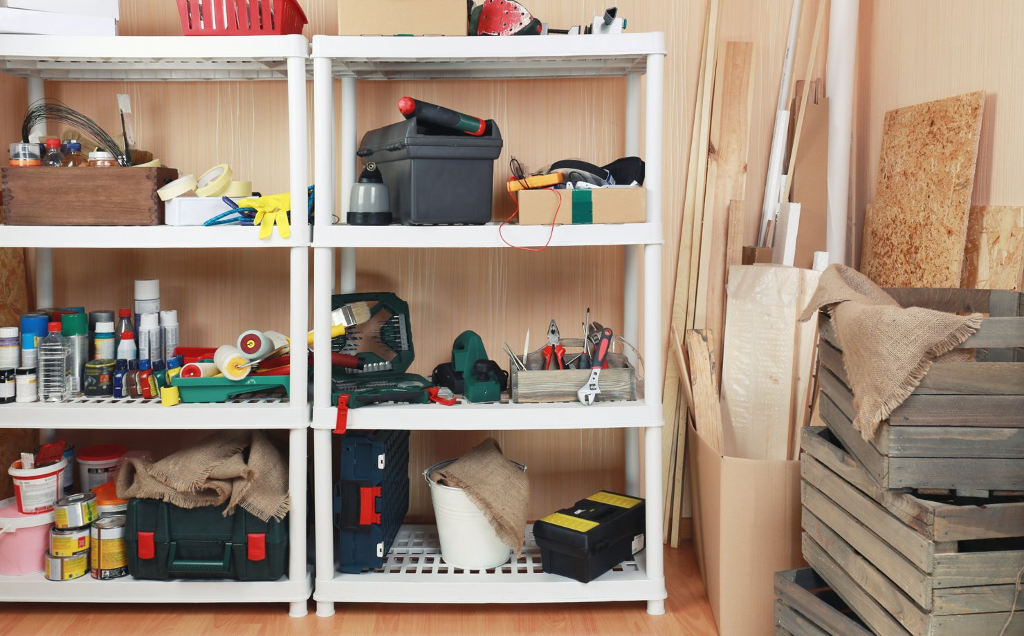White garage shelving for tools and equipment
