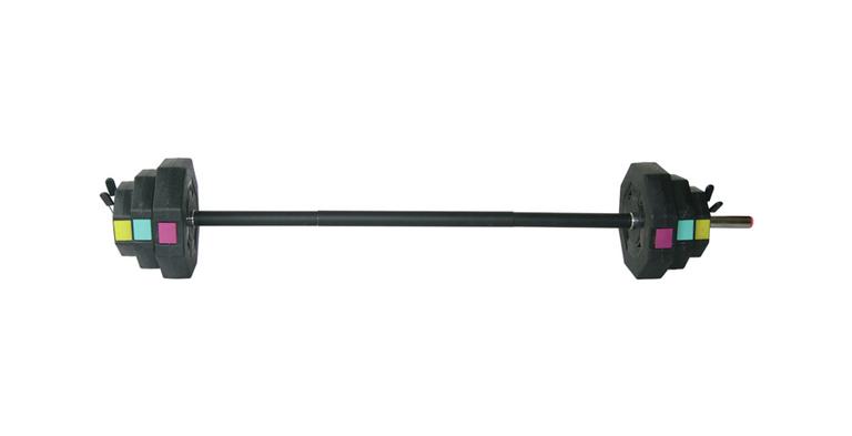 A black barbell with white background.