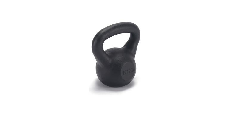 A black kettlebell with white background.