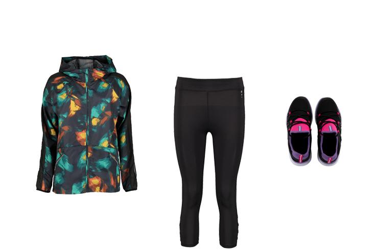 Tu workout top and leggings with running shoes.
