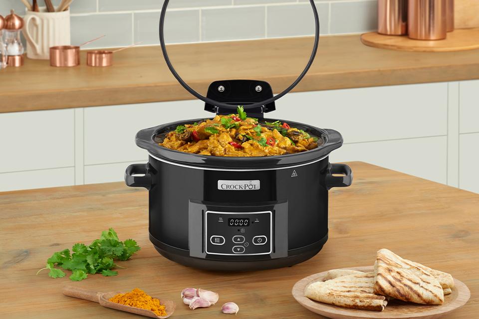 Stew being cooked in a slow cooker.