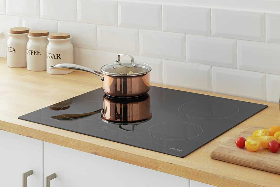A pan on a Bush electric ceramic hob in a kitchen.