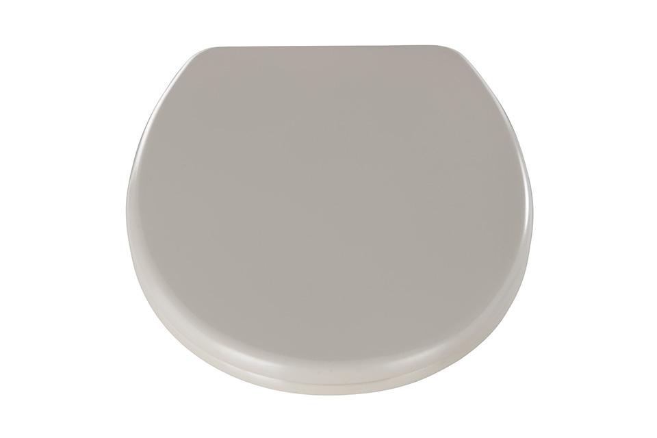 A taupe quick release toilet seat.