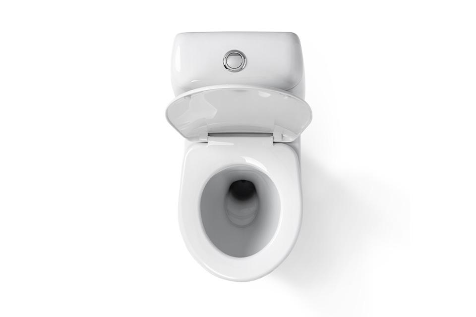 A top-down view of an open toilet bowl on a white background.