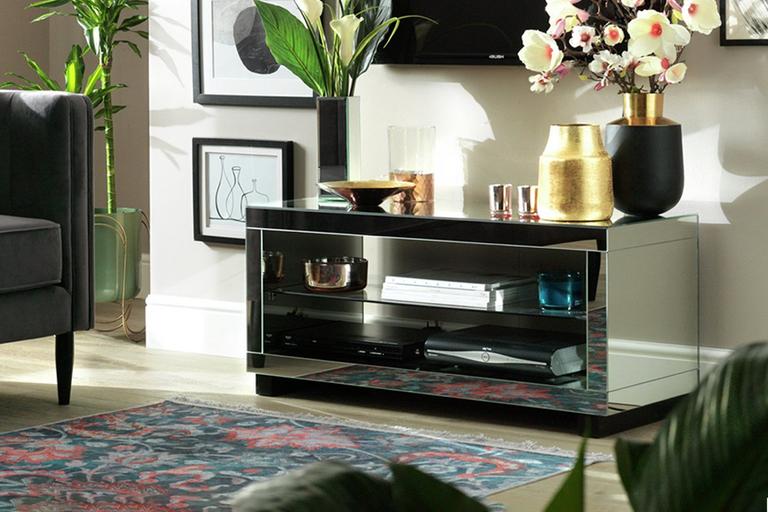 Habitat Sylvie TV Unit - Mirrored in a modern room with a TV, some plants and a sofa.