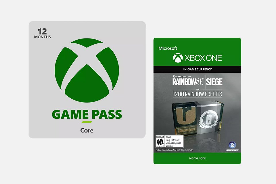 A split image of a Xbox Game Pass Core 12 Months digital download and a Rainbow Six Siege 1200 Credits Xbox One digital download.