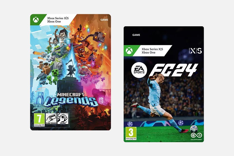 A split image of a Minecraft Legends Xbox One & Xbox Series X/S game and an EA SPORTS FC 24 Xbox One & Xbox Series X/S game.
