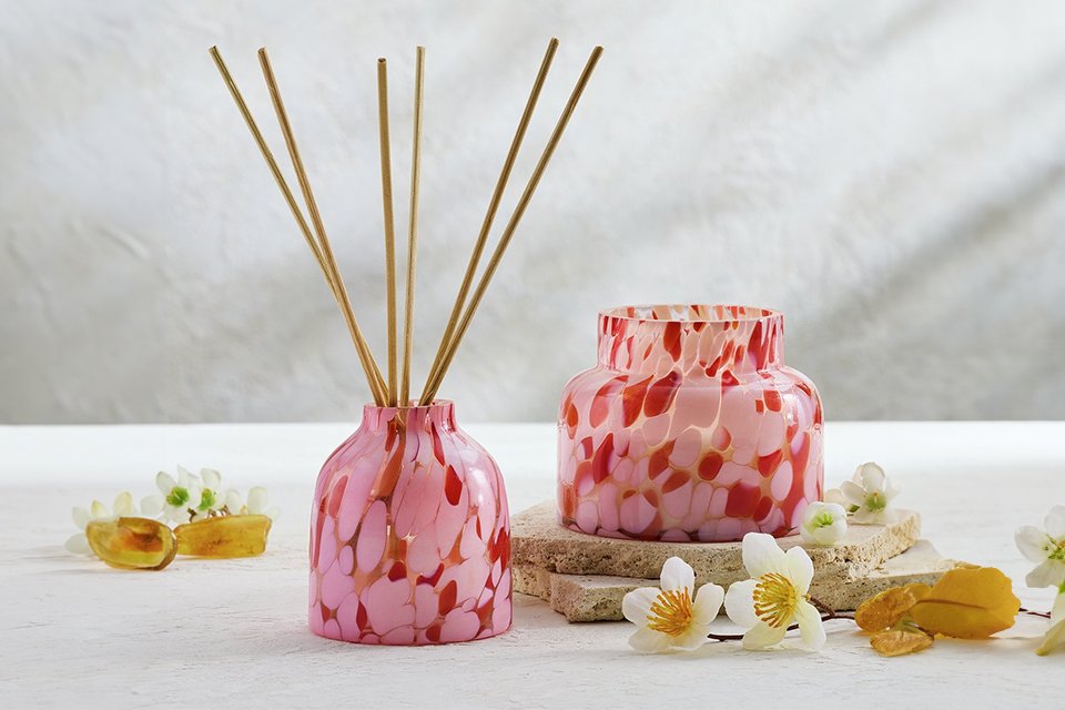 Habitat Confetti Glass reed diffuser with pink jasmine and amber fragrance.