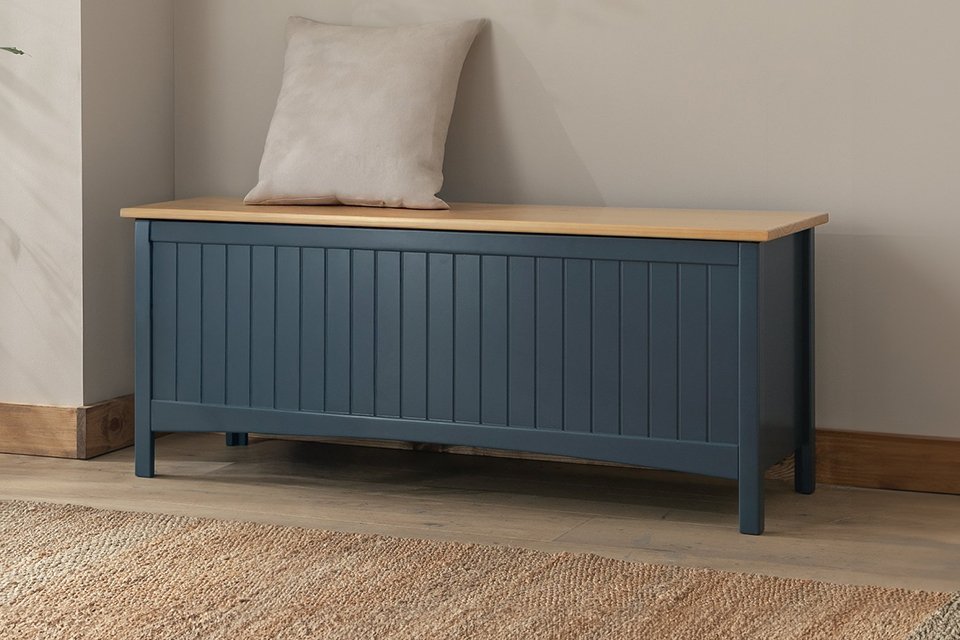 Habitat Bournemouth storage bench in blue colour placed in a hallway.
