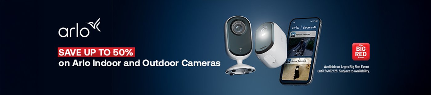 The Big Red Event. Arlo. Save up to 50% on Arlo indoor and outdoor cameras. Available at Argos Big Red Event until 24/02/26. Subject to availability.