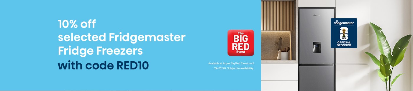 The Big Red Event. 10% off selected Fridgemaster fridge freezers with code RED10. Available at Argos Big Red Event until 24/02/26.