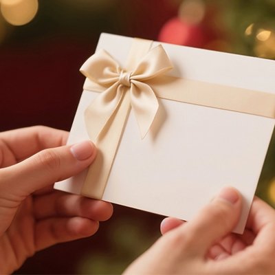 A person holding a card in an envelope on a festive background.