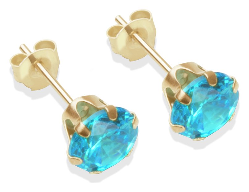 9ct Gold London Blue Cubic Zirconia Stud Earrings - 6mm