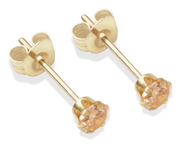 9ct Gold Champagne Cubic Zirconia Stud Earrings - 3mm