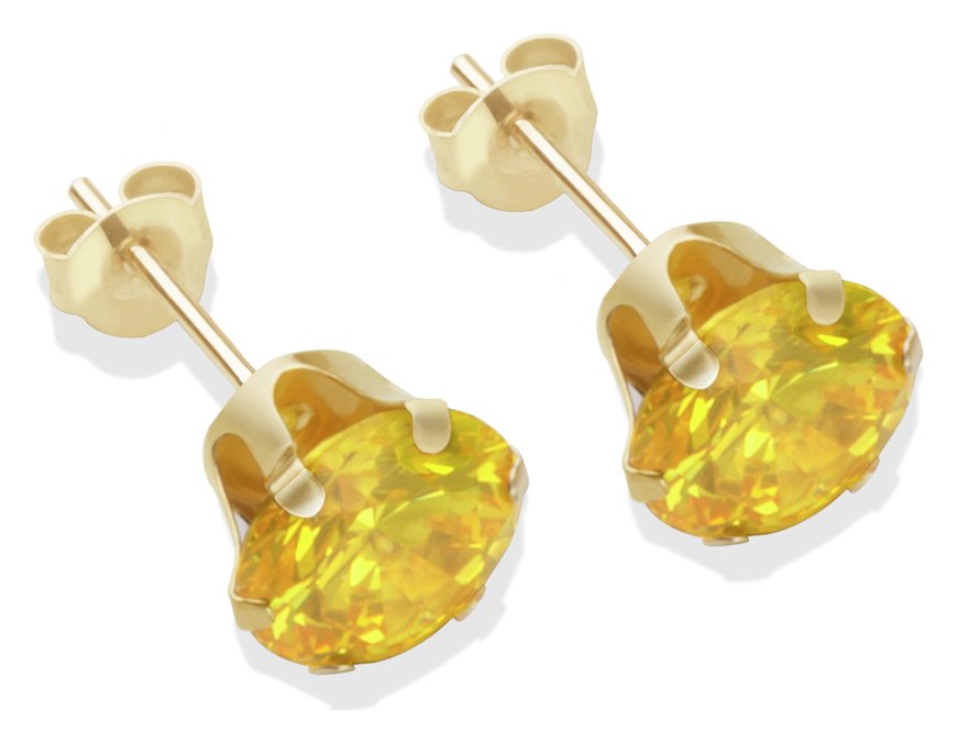 9ct Gold Citrine Colour Cubic Zirconia Stud Earrings - 7mm