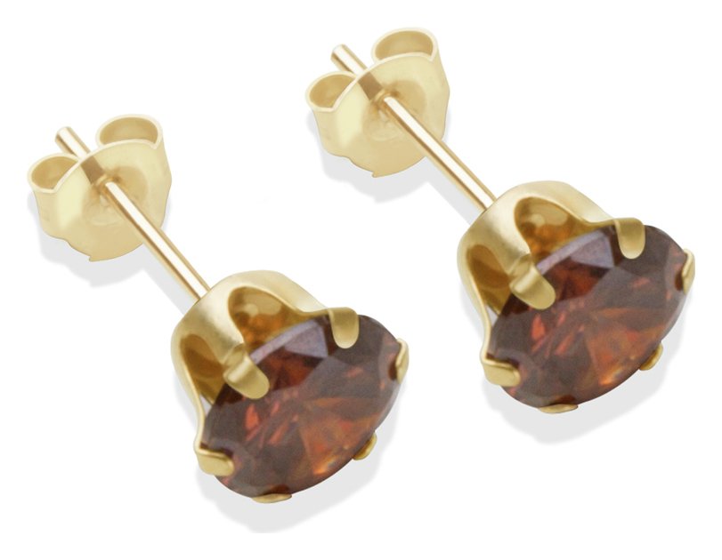 9ct Gold Brown Cubic Zirconia Stud Earrings - 6mm