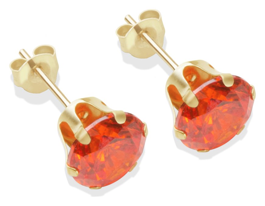 9ct Gold Orange Cubic Zirconia Stud Earrings - 7mm