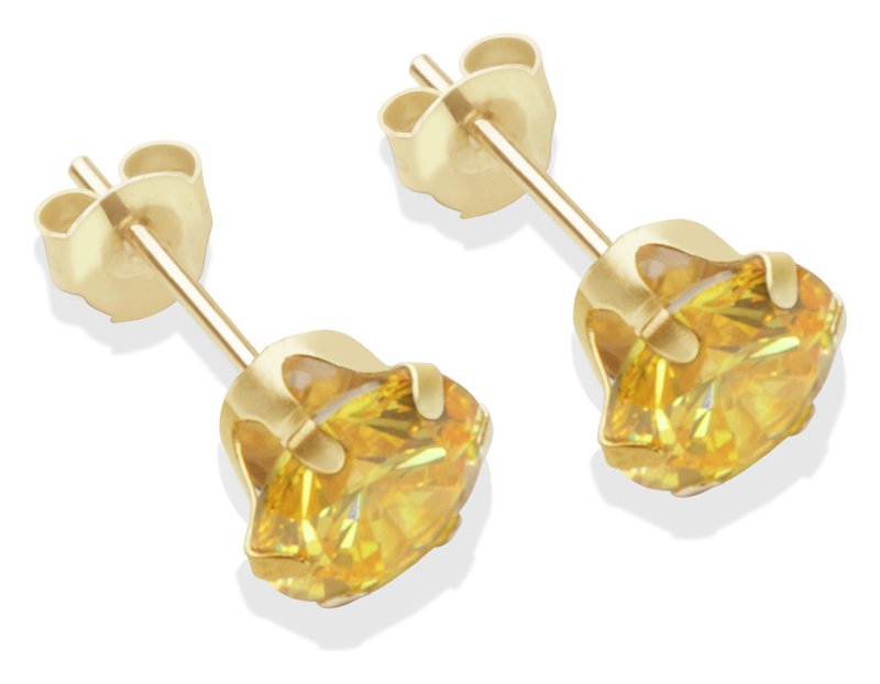 9ct Gold Citrine Coloured Cubic Zirconia Stud Earrings - 6mm