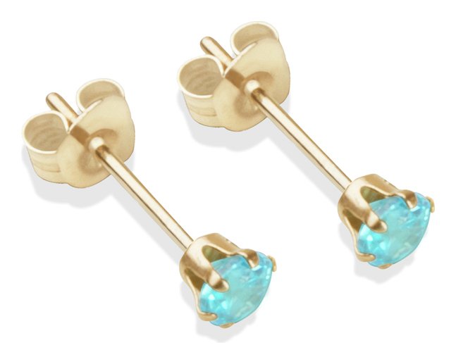 9ct Gold Aqua Coloured Cubic Zirconia Stud Earrings - 3mm