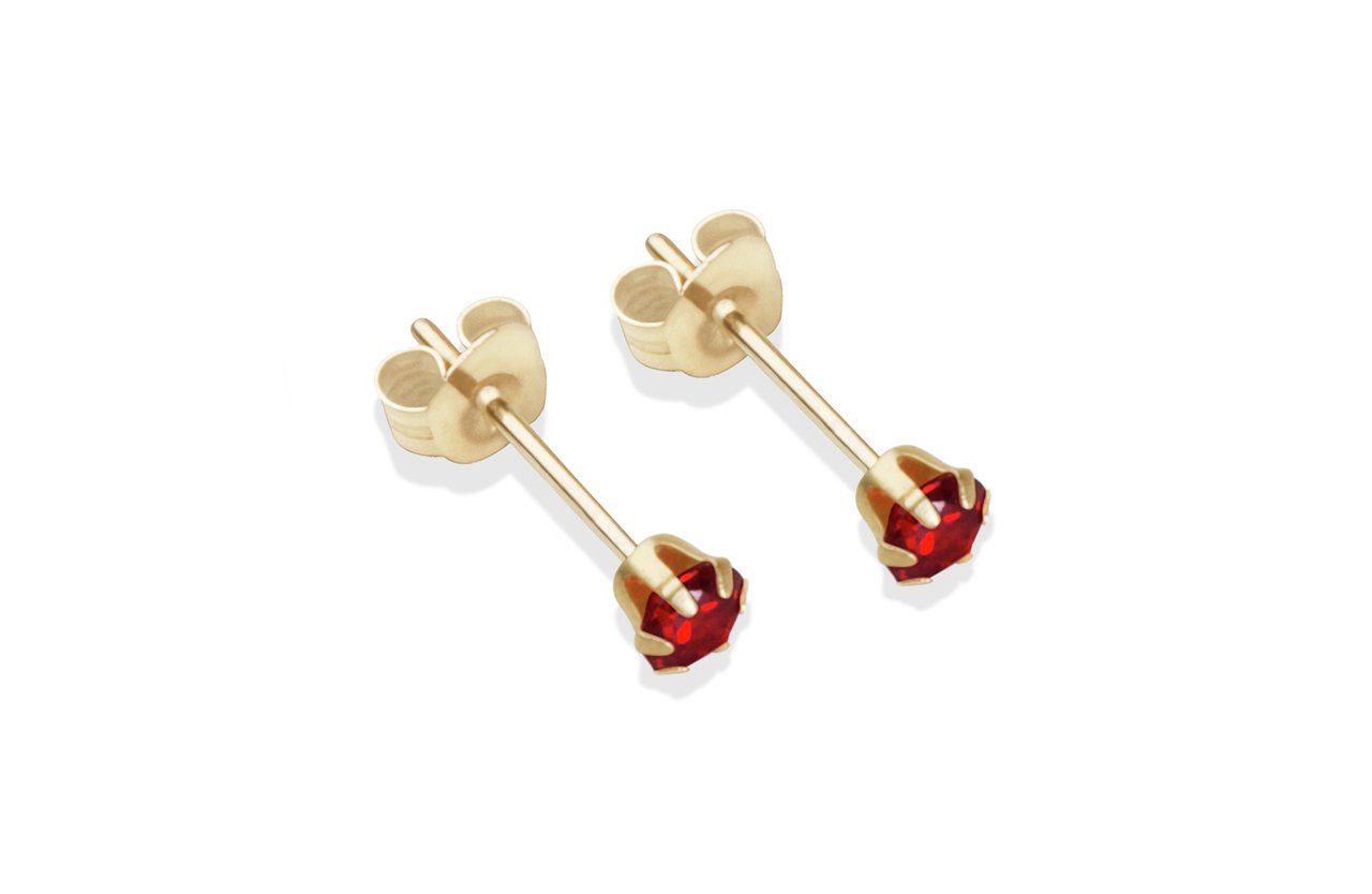 9ct Gold Garnet Coloured Cubic Zirconia Stud Earrings - 3mm