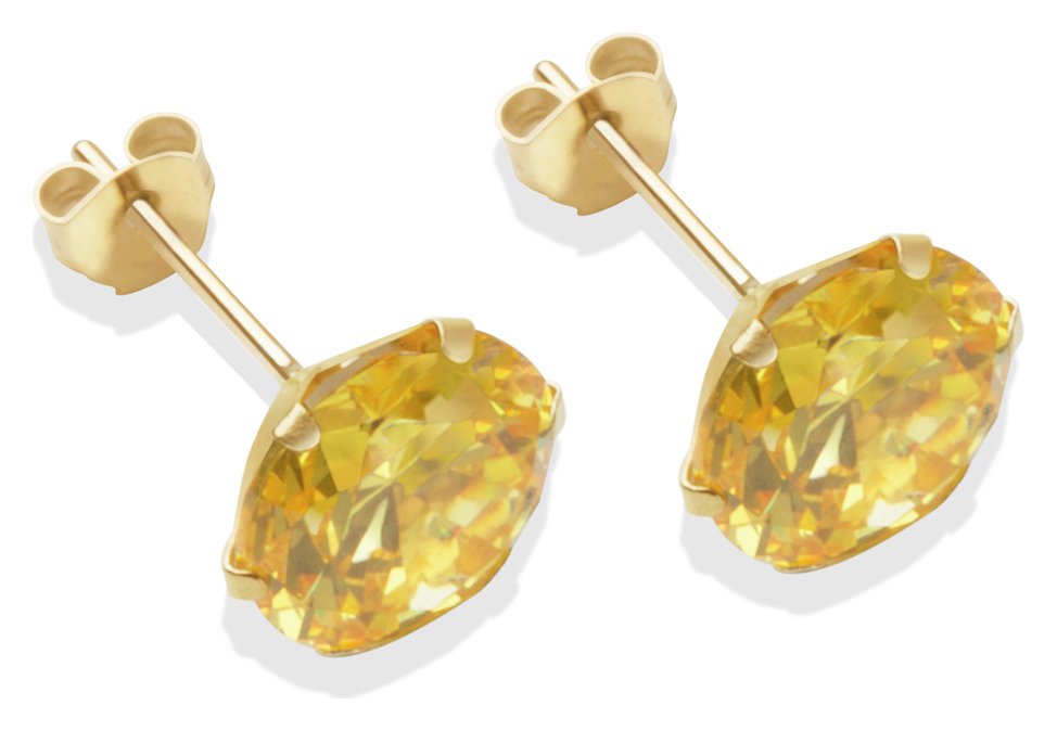 9ct Gold Citrine Coloured Cubic Zirconia Stud Earrings - 8mm