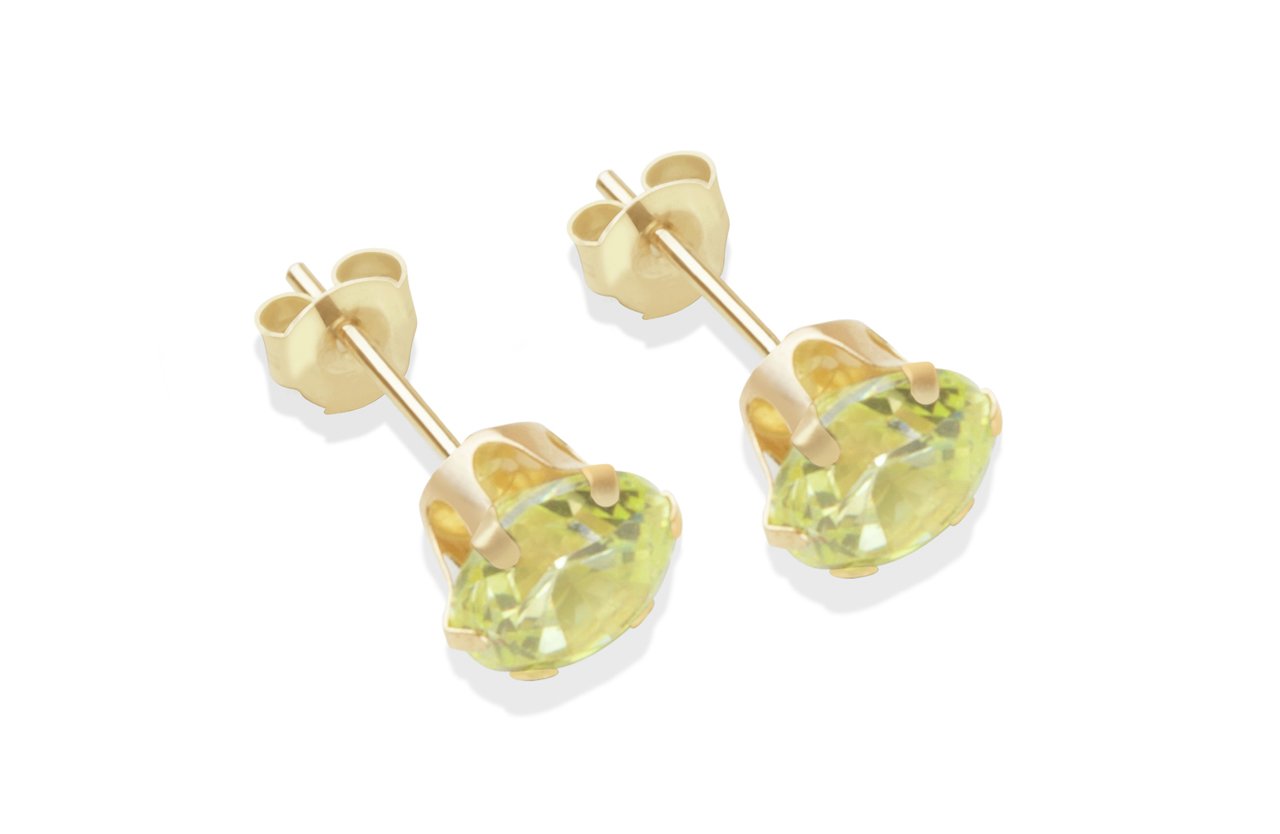 9ct Gold Light Peridot Coloured CZ Stud Earrings - 6mm